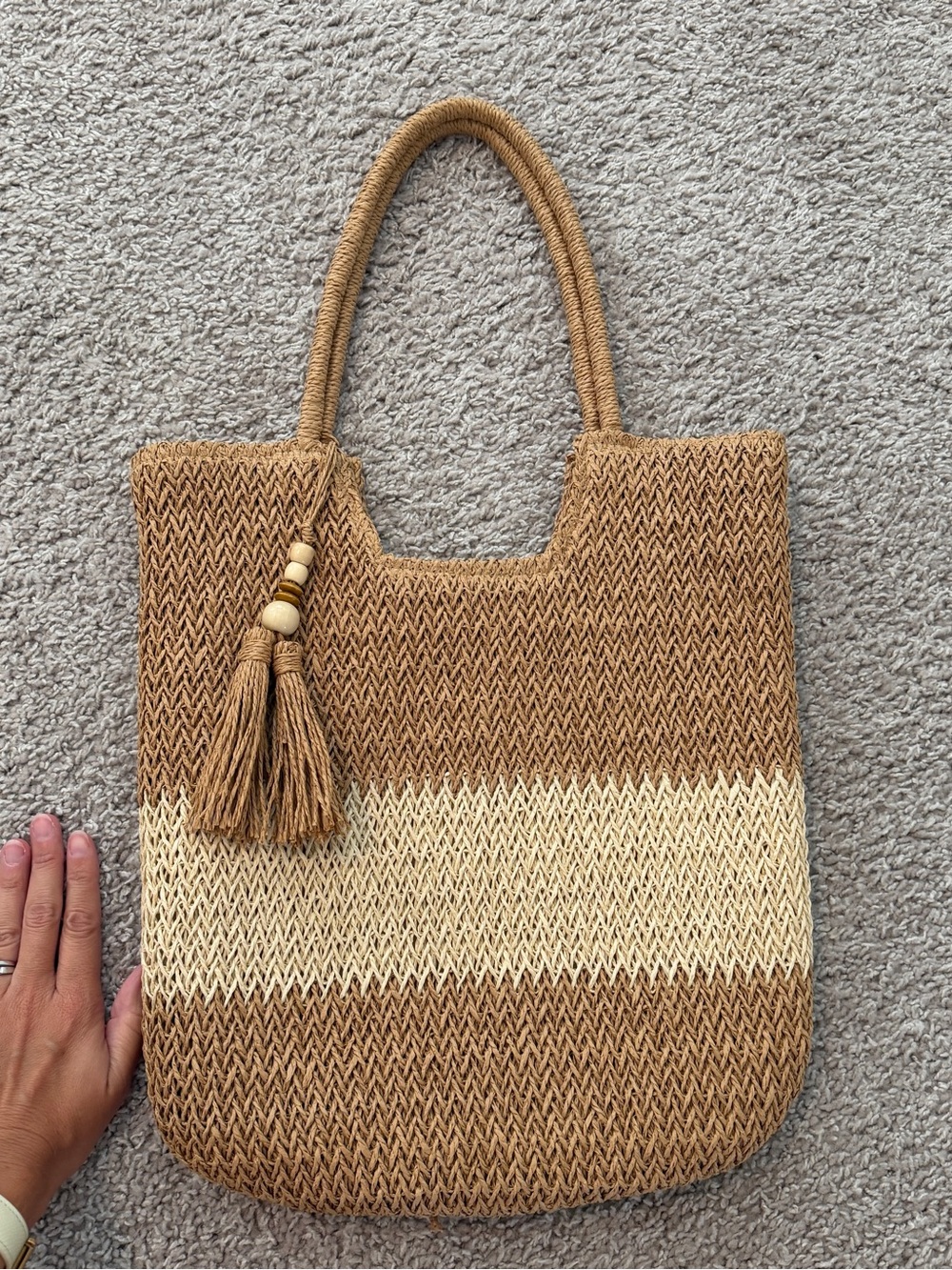 Source Unknown Woven Tote in Brown and Cream with Tassel